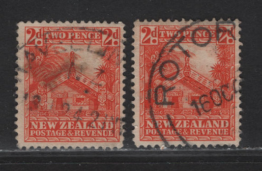 New Zealand (C) SG#580c, 580d 2d Orange Maori Carved House, 1936-1947 Pictorial Issue, 2 Fine/Very Fine Used Singles, Perf 14 & 14x14.5 (Listed As 14x15)
