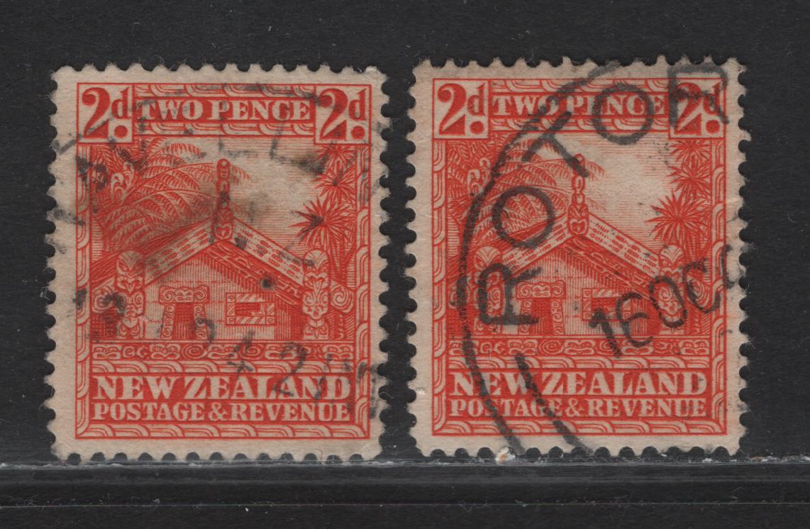 Lot 320 New Zealand (C) SG#580c, 580d 2d Orange Maori Carved House, 1936-1947 Pictorial Issue, 2 Fine/Very Fine Used Singles, Perf 14 & 14x14.5 (Listed As 14x15)