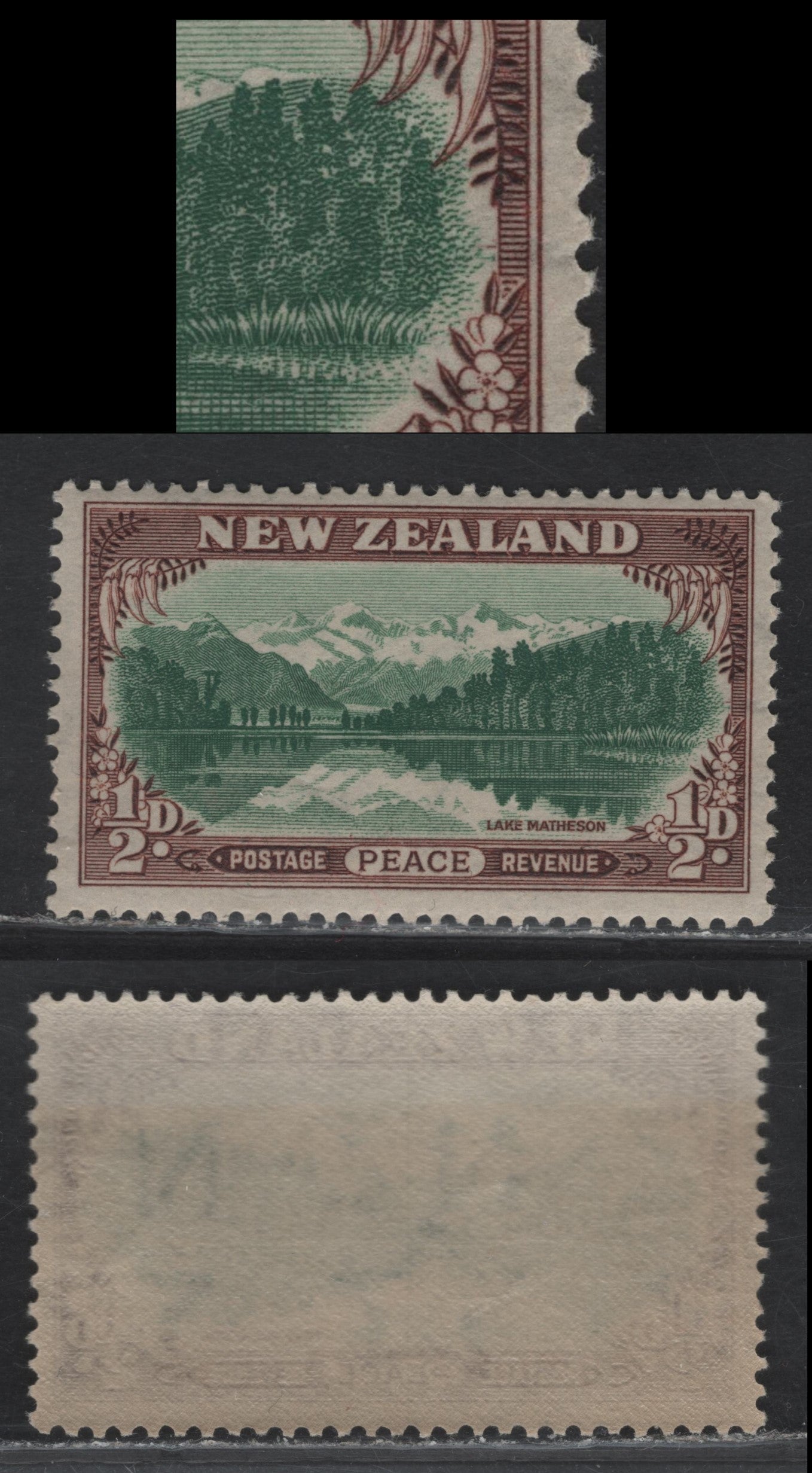 Lot 328 New Zealand (C) SG#667a 1/2d Green & Brown National Memorial Campanile, 1946 Peace Issue, A VFNH Single, Showing Printer's Guide Mark
