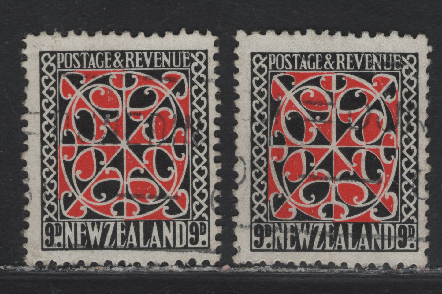 Lot 330 New Zealand (C) SG#630-631 9d Scarlet & Black Maori Panel, 1941 Redrawn Typographed Pictorial Issue, 2 Fine Used Singles, Single & Multiple Star & NZ Wmk