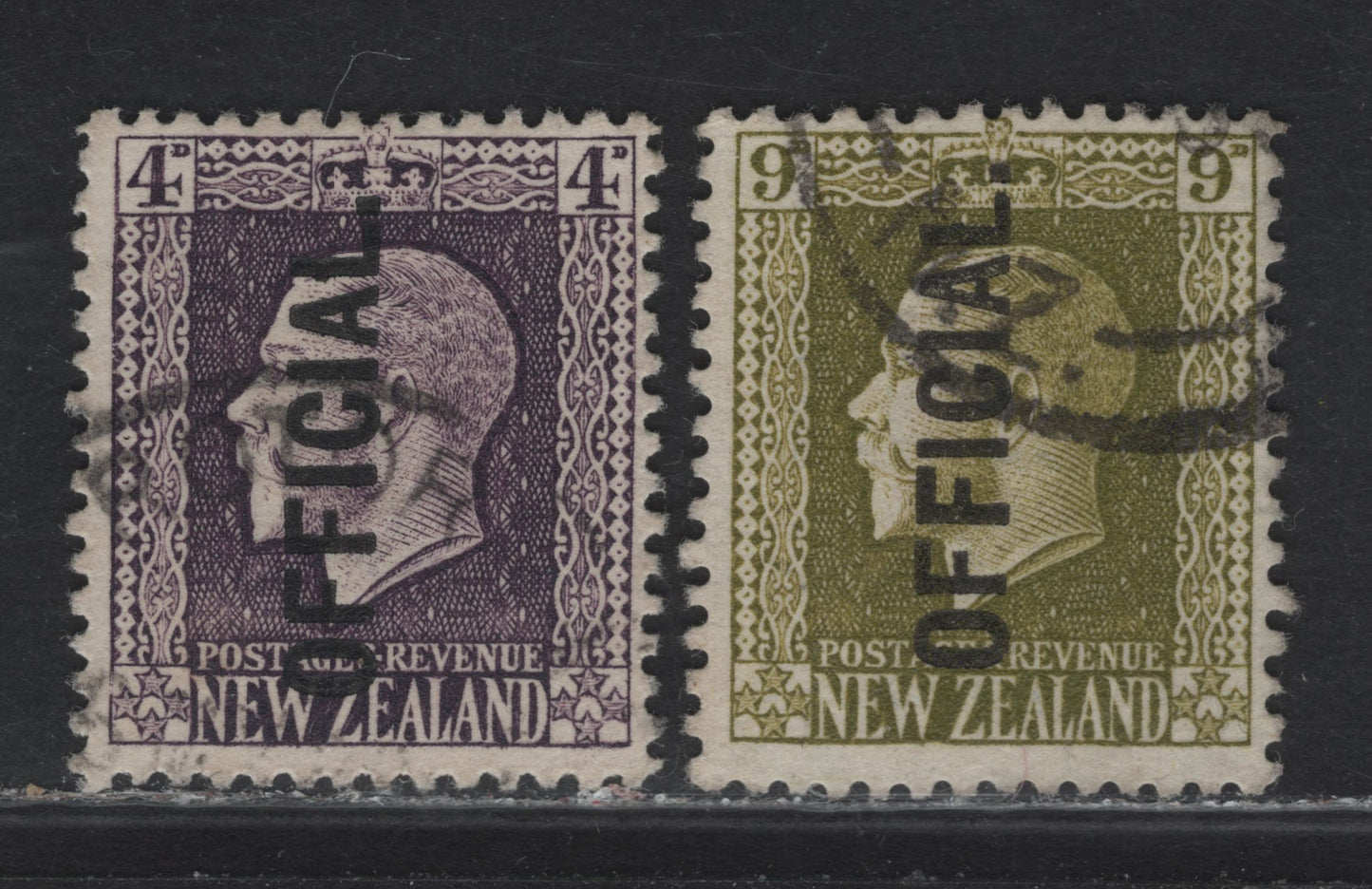 Lot 332 New Zealand (C) SG#O101c, O104 4d - 9d Deep Purple - Sage Green King George V, 1915-1927 KGV Profile Heads Overprinted Issue, 2 Fine Used Singles, Perkins Bacon Printing, Perf 14x14.5