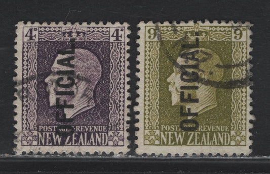 Lot 332 New Zealand (C) SG#O101c, O104 4d - 9d Deep Purple - Sage Green King George V, 1915-1927 KGV Profile Heads Overprinted Issue, 2 Fine Used Singles, Perkins Bacon Printing, Perf 14x14.5