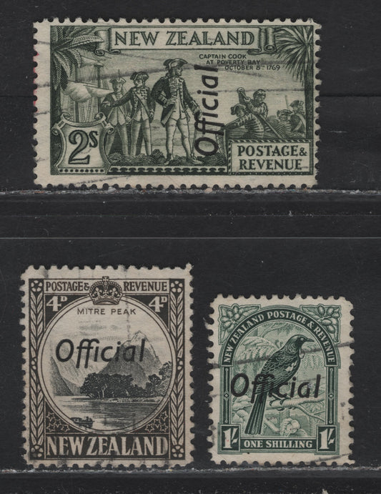 Lot 333 New Zealand (C) SG#O126b, O131b, O132c 4d - 2/- Black & Sepia - Olive Green Mitre Peak - Capt Cook At Poverty Bay, 1936-1961 Official Overprinted Pictorial Issue, 3 Fine Used Singles, Perf 12.5