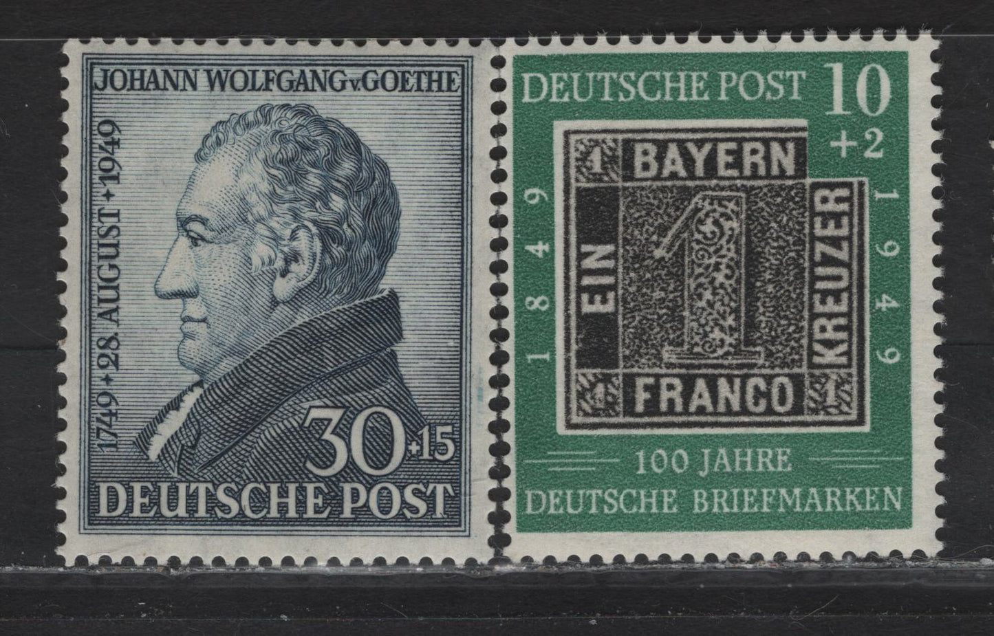 Lot 344 Germany SC#B308-B309 30pf+5pf - 10pf+2pf Dark Blue - Green & Black Van Goethe & Stamp, 1949 Van Goethe & Stamp Centenary Issue, 2 FOG Singles