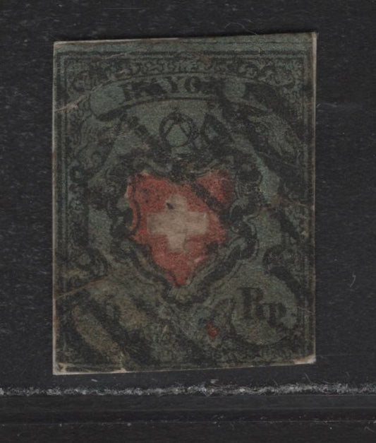 Lot 346 Switzerland SC#7c 5r Greenish Blue, Black & Red Rayon Cross, 1850 Rayon District Cross Issue, An Ungraded Used Single, Severely Faulty Example Rebacked On Thick Card