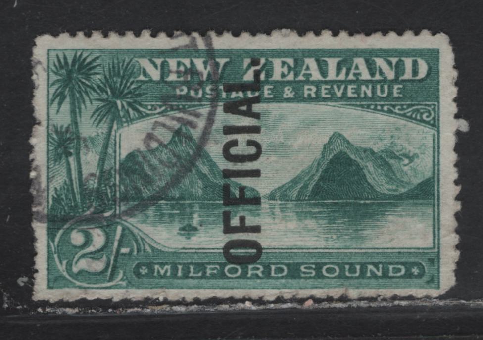 Lot 36 New Zealand (C) SG#O66 2/- Blue Green Milford Sound, 1907-1911 Pictorial Issue, A Very Fine Used Single, Star & NZ Wmk, Official Overprint