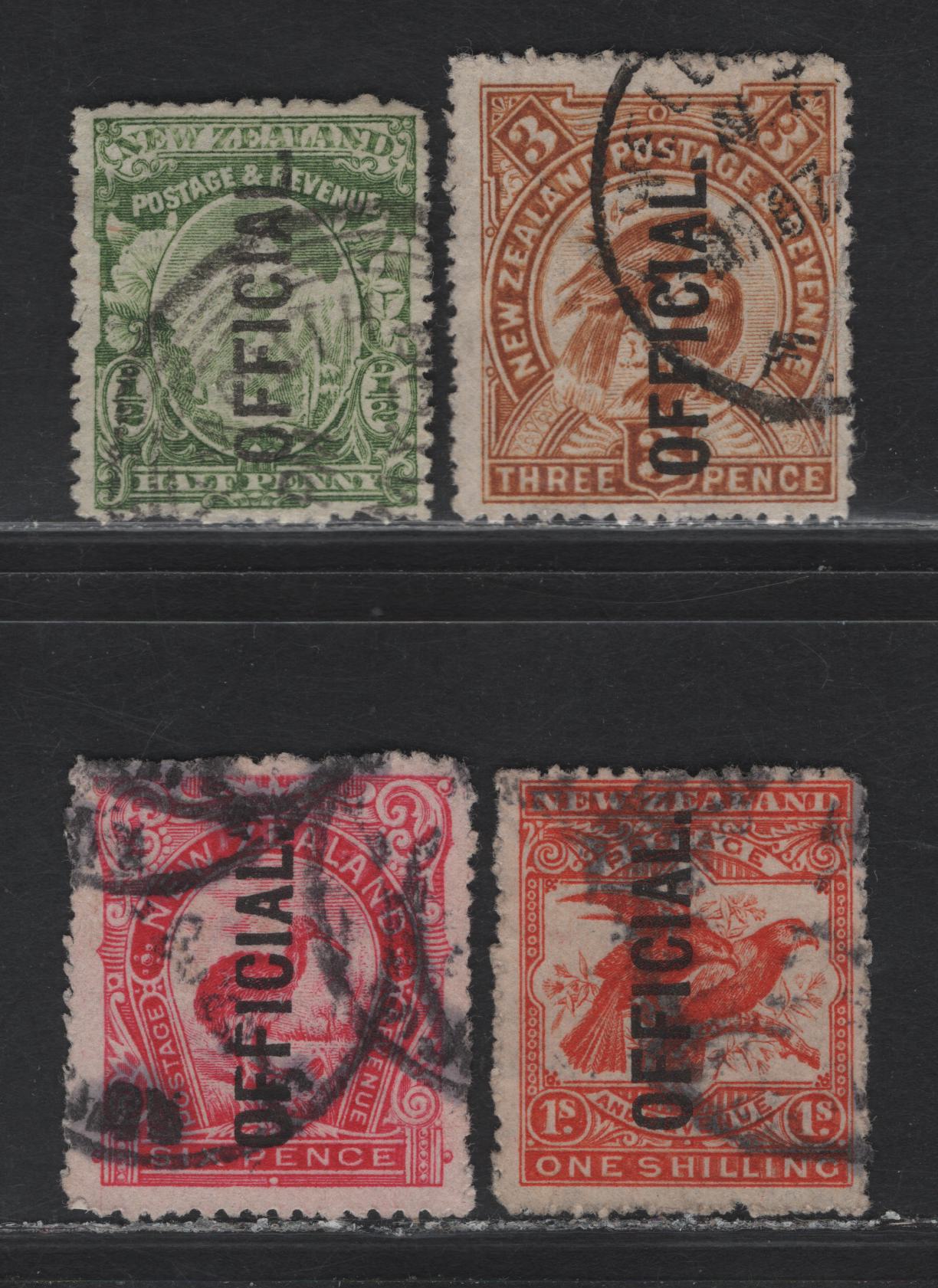 Lot 37 New Zealand (C) SG#O59, O63-O65 1/2d - 1/- Green - Vermillion Mt Cook - Kea & Kaka, 1907-1911 Pictorial Issue, 4 Fine/Very Fine Used Singles, Official Overprints, Perf 14