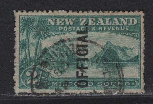 Lot 38 New Zealand (C) SG#O66 2/- Blue Green Milford Sound, 1907-1911 Pictorial Issue, A Very Fine Used Single, Perf 14, Vertical Official Overprint