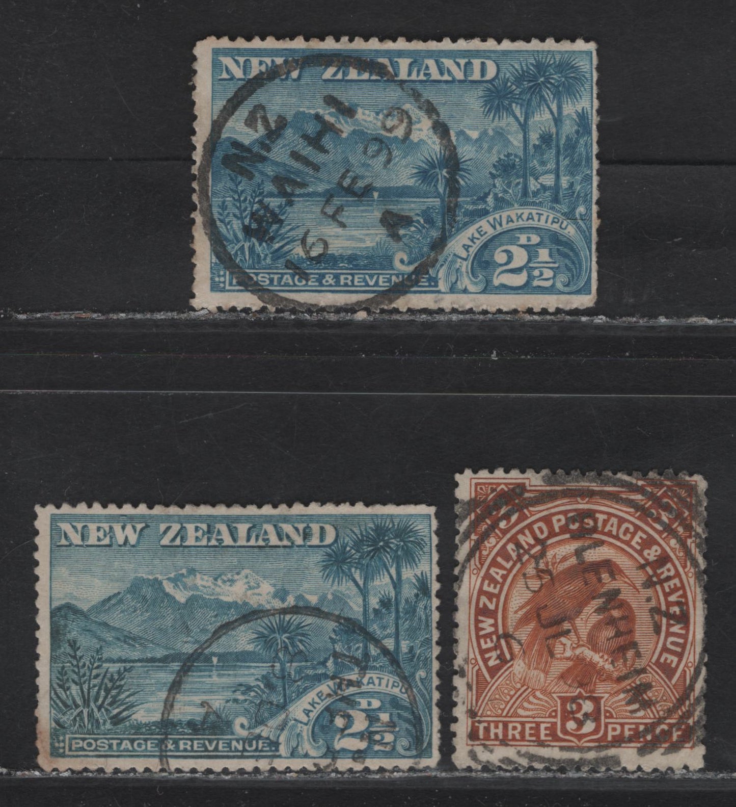Lot 39 New Zealand (C) SG#250, 250a, 251 2.5d - 3d Blue - Yellow Brown Lake Wakatipu - Hula, 1898 Pictorial Issue, 3 Fine/Very Fine Used Singles, Unwatermarked, Perf 12-16, Inscribed Wakatipu On The 2.5d.