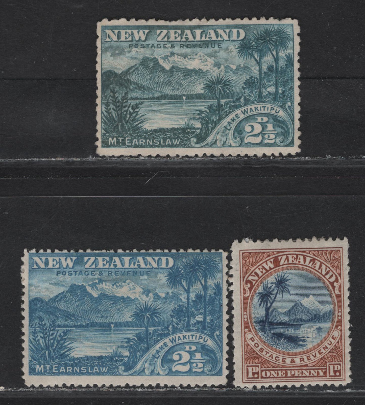 Lot 41 New Zealand (C) SG#247, 249-249a 1d - 2.5d Blue & Yellow Brown - Blue Lake Taupo & Mount Ruapehu - Lake Wakatipu, 1898 Pictorial Issue, 3 F/VFOG Singles, Unwatermarked, Perf 12-16, Both Inscribed Wakitipu.