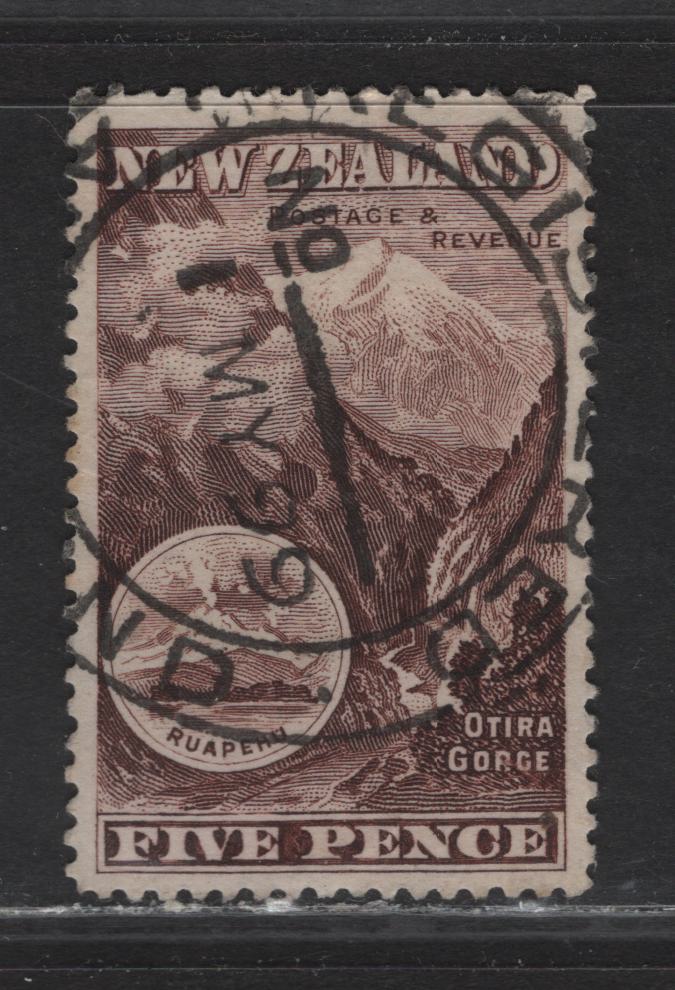 Lot 43 New Zealand (C) SG#253 5d Sepia Otira Gorge, 1898 Pictorial Issue, A Very Fine Used Single, May 1 1899 Auckland Regisrered Cancel, Unwatermarked, Perf 12-16.