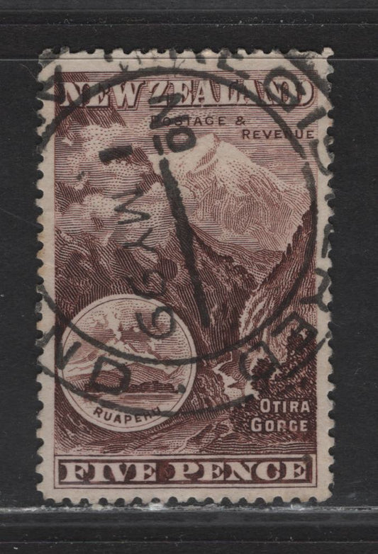 Lot 43 New Zealand (C) SG#253 5d Sepia Otira Gorge, 1898 Pictorial Issue, A Very Fine Used Single, May 1 1899 Auckland Regisrered Cancel, Unwatermarked, Perf 12-16.