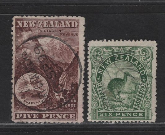 Lot 44 New Zealand (C) SG#253a, 254 5d - 6d Purple Brown - Green Otira Gorge - Brown Kiwi, 1898 Pictorial Issue, 2 Fine Used Singles, 5d With Nice Sept 6 1899 Port Chalmers CDS