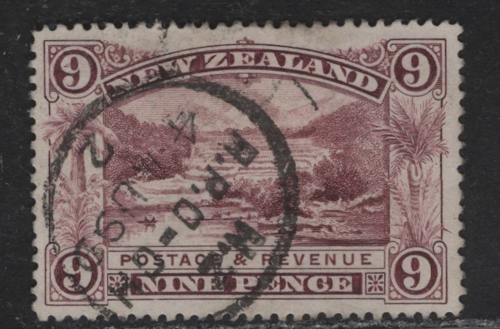 Lot 46 New Zealand (C) SG#256 9d Purple Pink Terrace, Rotomahana, 1898 Pictorial Issue, A Very Fine Used Single, Unwatermarked, Perf 12-16, SON August 4 1899 RPO CDS Cancel.