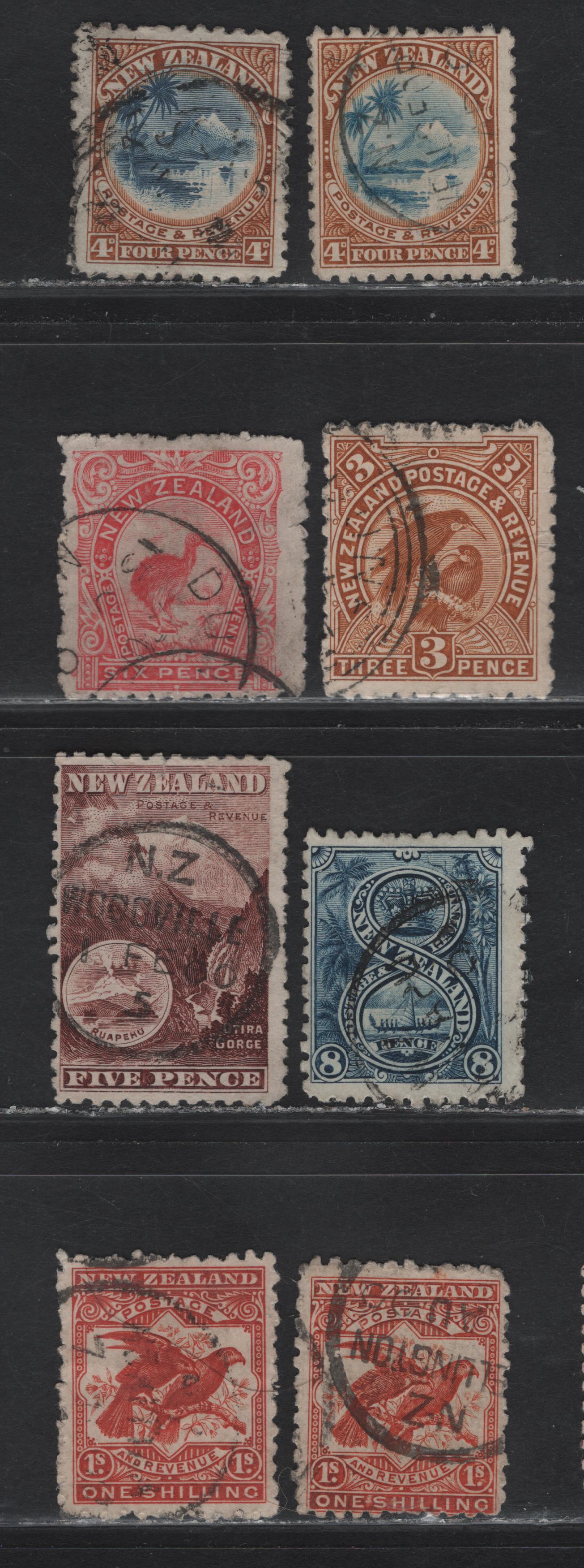 Lot 50 New Zealand (C) SG#262a-b, 261, 263, 265, 266, 268, 268b 4d - 1/- Bright Blue & Chestnut - Dull Brown Red Lake Taupo & Mount Ruapehu - Kea & Kaka, 1899-1903 Pictorial Issue, 8 Very Good/Fine Used Singles, Unwatermarked, Perf 11
