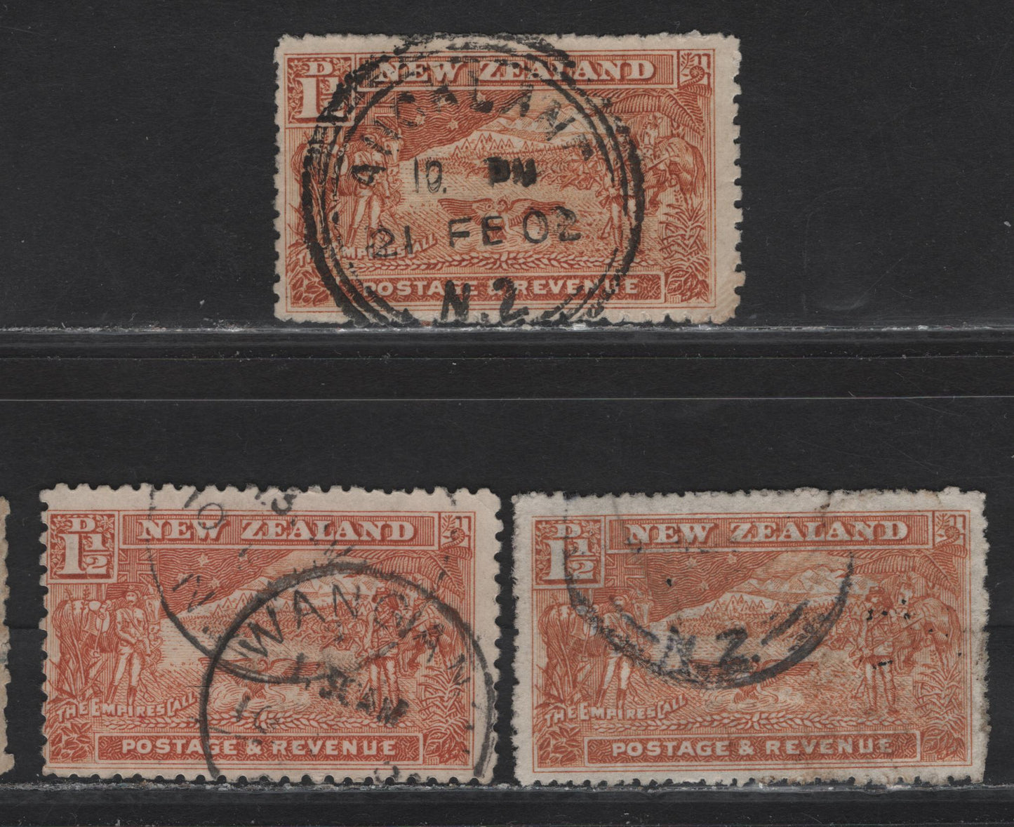 Lot 53 New Zealand (C) SG#275b, 318 1.5d Chestnut Commemorative of the New Zealand Contingent in The South African War, 1900-1907 Pictorial Issues, 3 Fine/Very Fine Used Singles, Two Shades Of 1.5d Chestnut, Various Perfs & Wmks