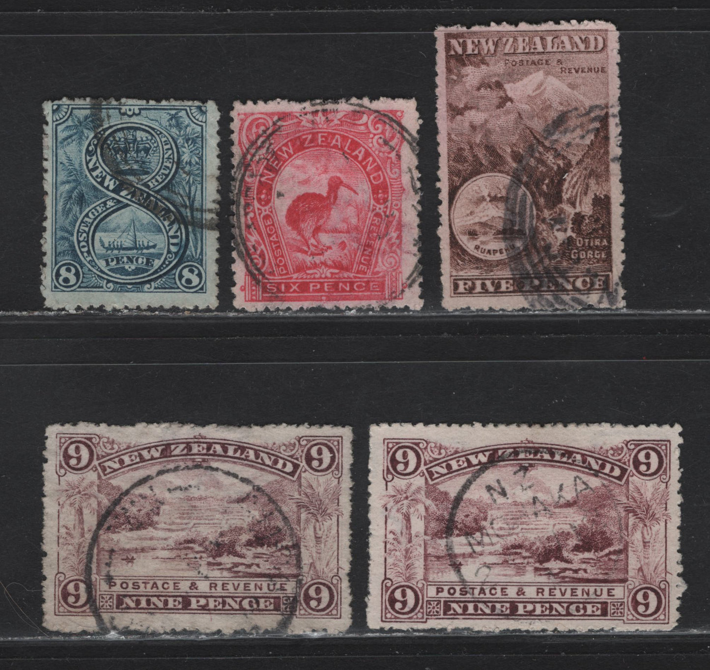 Lot 55 New Zealand (C) SG#323a, 324-326 5d - 9d Red Brown - Purple Otira Gorge - Pink Terrace, 1902-1907 Pictorial Issue, 5 Fine/Very Fine Used Singles, Star & NZ Wmk, Perf 14