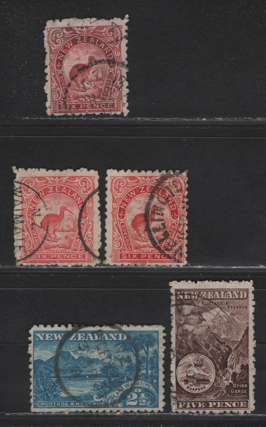 Lot 56 New Zealand (C) SG#308, 311b, 312, 312d 2.5d - 6d Blue - Rose Red Lake Wakatipu - Brown Kiwi, 1902-1907 Pictorial Issue, 4 Fine Used Singles, Perf 11, Star & NZ Wmk