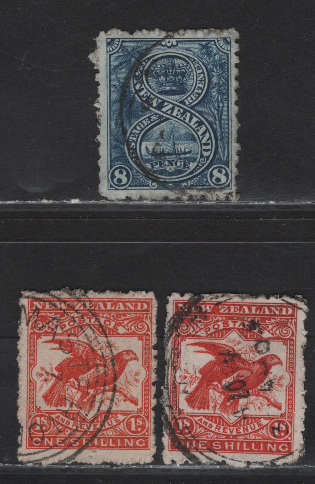 Lot 57 New Zealand (C) SG#313, 315a-b 8d - 1/- Blue - Orange Red Maori War Canoe - Kea & Kiwi, 1902-1907 Pictorial Issue, 3 Fine/Very Fine Used Singles, Crown & NZ Wmk