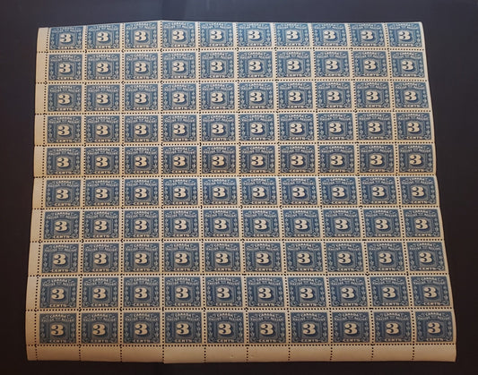 Lot 62 Canada #FX64 3c Blue Three Leaves, 1934-1948 Three Leaf Excise Tax Issue, A FNH Sheet Of 100, Cream Semi-Gloss Gum, Some Minor Gum Bends Affect Some Stamps