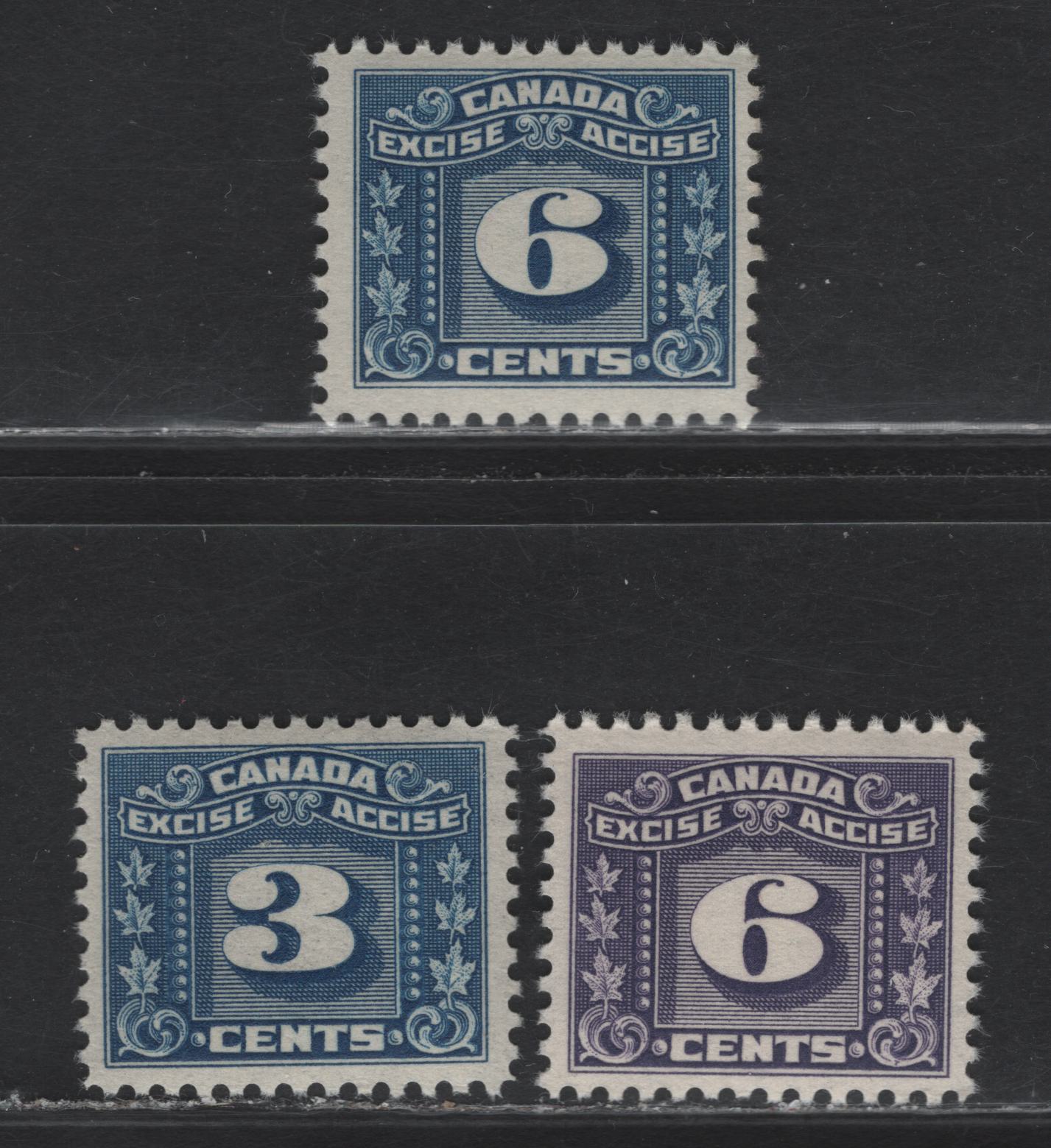 Lot 63 Canada #FX64, FX67-68 3c - 6c Blue - Purple Three Leaves, 1934-1948 Three Leaf Excise Tax Issue, 3 VFNH Singles, Deep yello Glossy Gum (3c), Yellowish Cream Semi Gloss Gum(6c Blue) & Cream Semi Gloss Gum