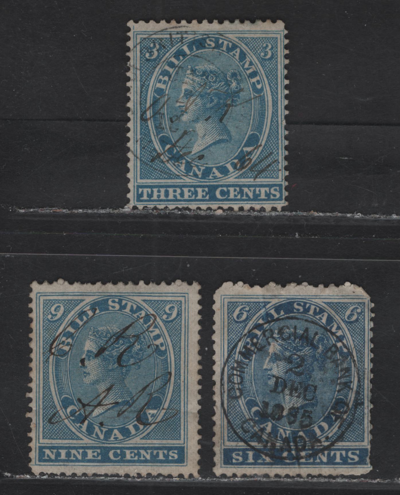 Lot 64 Canada #FB3, FB6, FB9 3c - 9c Blue Queen Victoria, 1864 First Bill Issue, 3 Fair/Very Good/Fine Used Singles, Perf 12.5x13.5