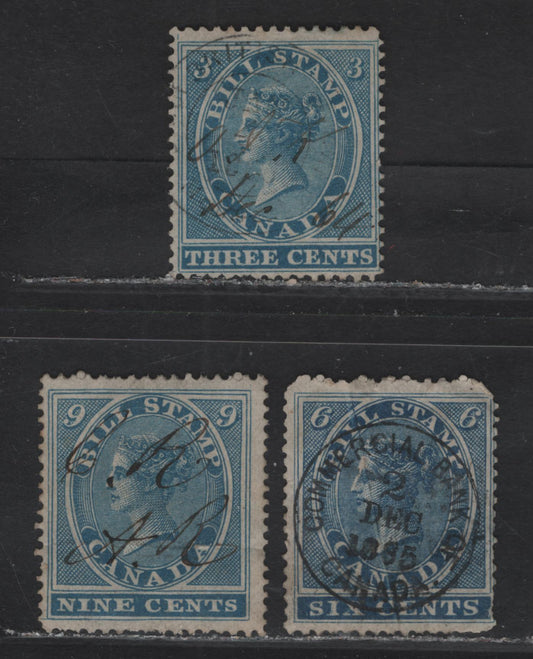 Lot 64 Canada #FB3, FB6, FB9 3c - 9c Blue Queen Victoria, 1864 First Bill Issue, 3 Fair/Very Good/Fine Used Singles, Perf 12.5x13.5