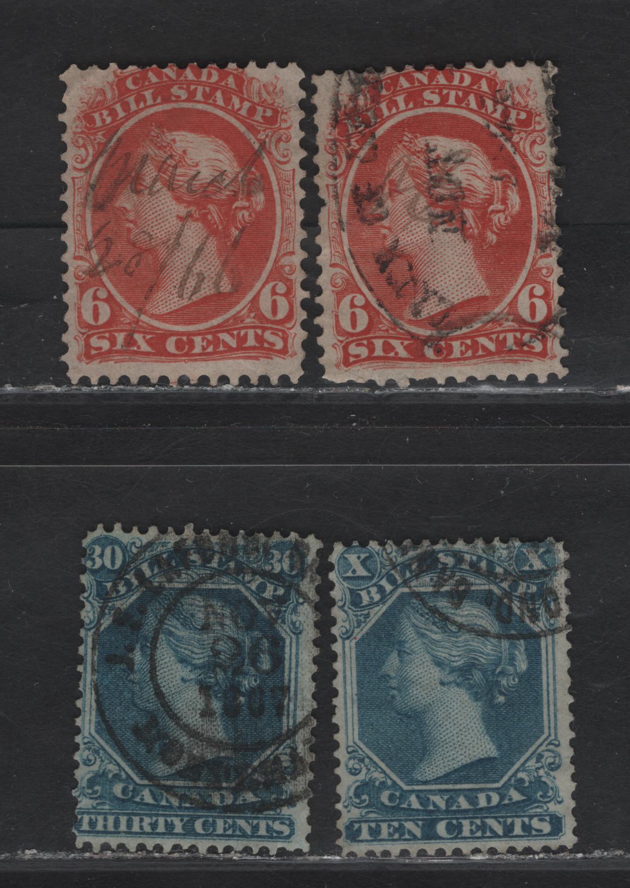 Lot 65 Canada #FB23, FB27, FB29 6c - 30c Red - Blue Queen Victoria, 1865 Second Bill Issue, 3 Fine Used Singles, Perf 12x13.5, Thin Paper