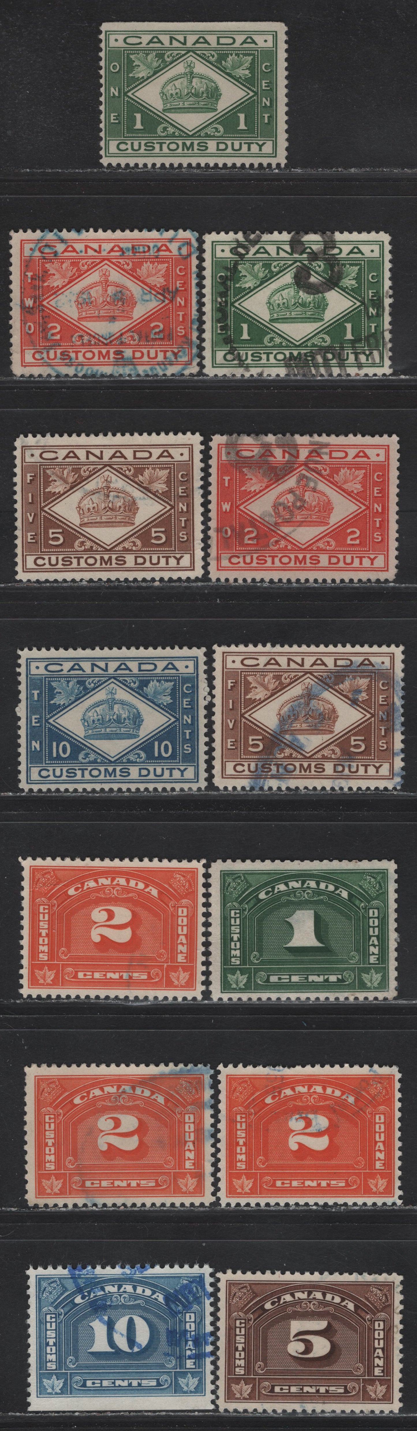 Lot 67 Canada #FCD1-FCD4, FCD6-FCD9 1c - 10c Green - Blue Crown - Numeral, 1914-1935 Customs Duty Issue, 13 Fine/Very Fine Used Singles, A Selection Of Dry Printings With Different Shades