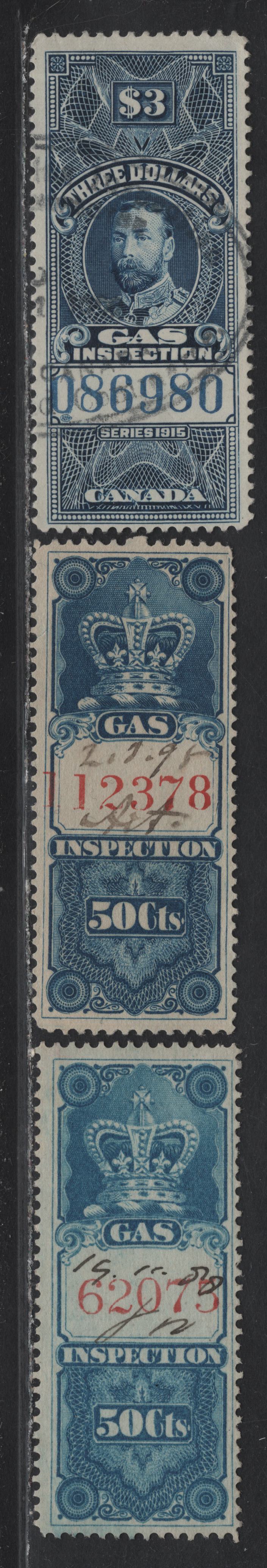 Lot 69 Canada #FG10, FG31a 50c - $3 Light Blue - Blue Crown -King George V, 1875-1915 Gas Inspection Issue, 3 Fine Used Singles, Two Shades of the 1875 issue With 3.5mm Control Numbers, 1915 Issue is A Later Dry Printing