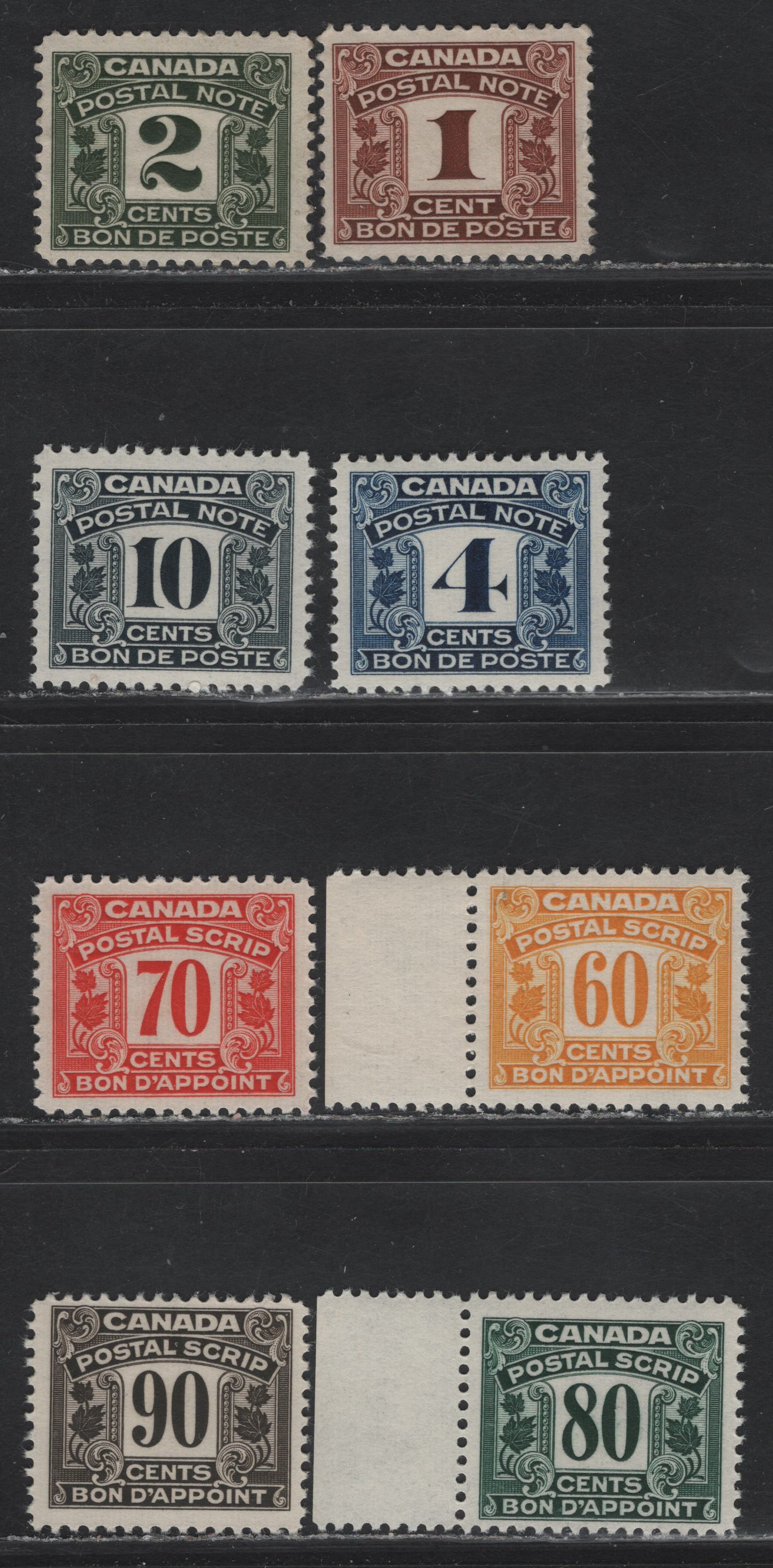 Lot 73 Canada #FPS2, FPS4, FPS6, FPS12, FPS18-19, FPS21-22 1c - 90c Brown -Black Brown Numeral, 1932-1948 First Postal Note/Scrip Issue, 8 F/VFOG Singles, 1c & 2c Are Earlier Printings With Crackly Cream Satin Gum
