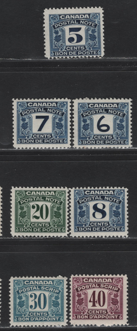 Lot 74 Canada #FPS7-FPS10, FPS13, FPS15-16 5c - 40c Blue - Purple Numeral, 1932-1948 First Postal Note/Scrip Issue, 7 F/VFOG Singles, All Except 30c Are Veritcal Ribbed With Semi Gloss CreamGum