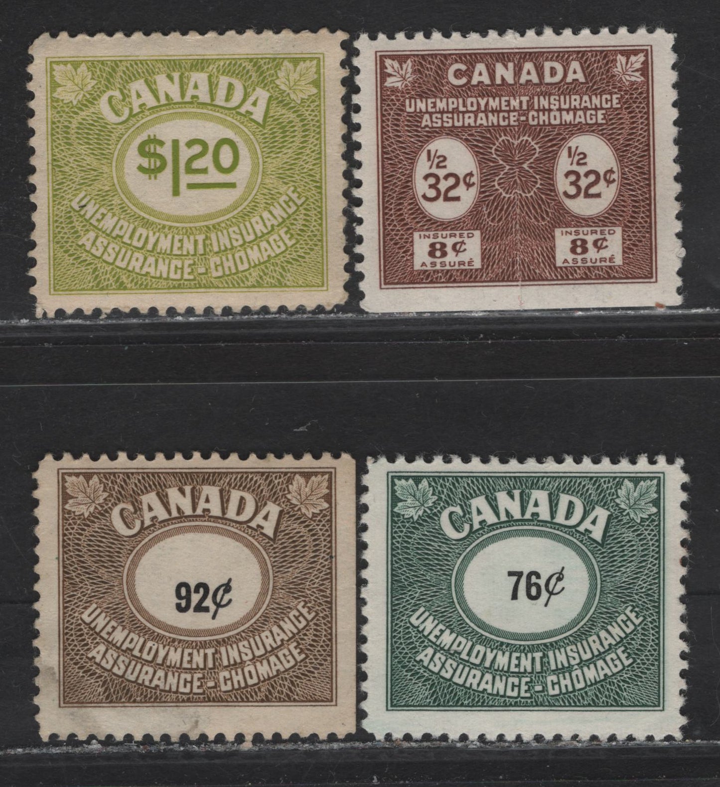 Lot 76 Canada #FU39, FU47, FU73-FU74 32c - $1.20 Brown - Bright Greenish Yellow Numeral, 1955-1960 Unemployment Insurance Issue, 4 F/VFNH/OG Singles