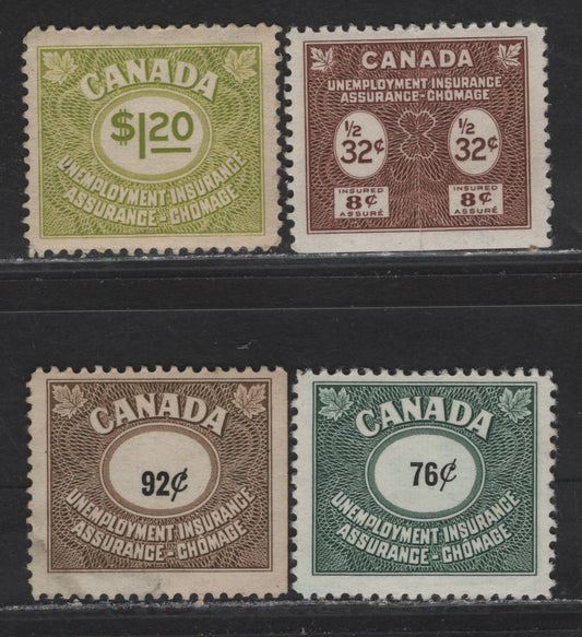 Lot 76 Canada #FU39, FU47, FU73-FU74 32c - $1.20 Brown - Bright Greenish Yellow Numeral, 1955-1960 Unemployment Insurance Issue, 4 F/VFNH/OG Singles
