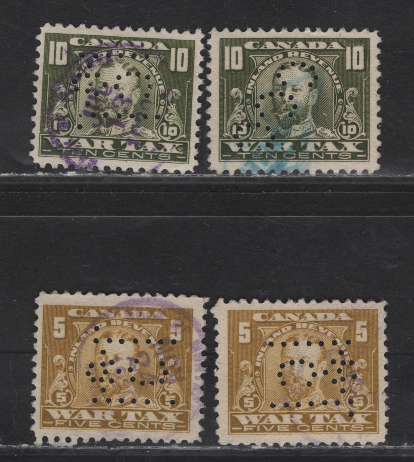Lot 77 Canada #FWT11, FWT13 5c - 10c Olive Yellow - Olive Green King George V, 1920 KGV War Tax Issue, 4 Very Fine Used Singles, Canada Cement CO & McClary Manufacturing Perfins, Postions 2 & 4