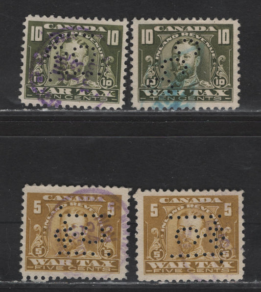 Lot 77 Canada #FWT11, FWT13 5c - 10c Olive Yellow - Olive Green King George V, 1920 KGV War Tax Issue, 4 Very Fine Used Singles, Canada Cement CO & McClary Manufacturing Perfins, Postions 2 & 4