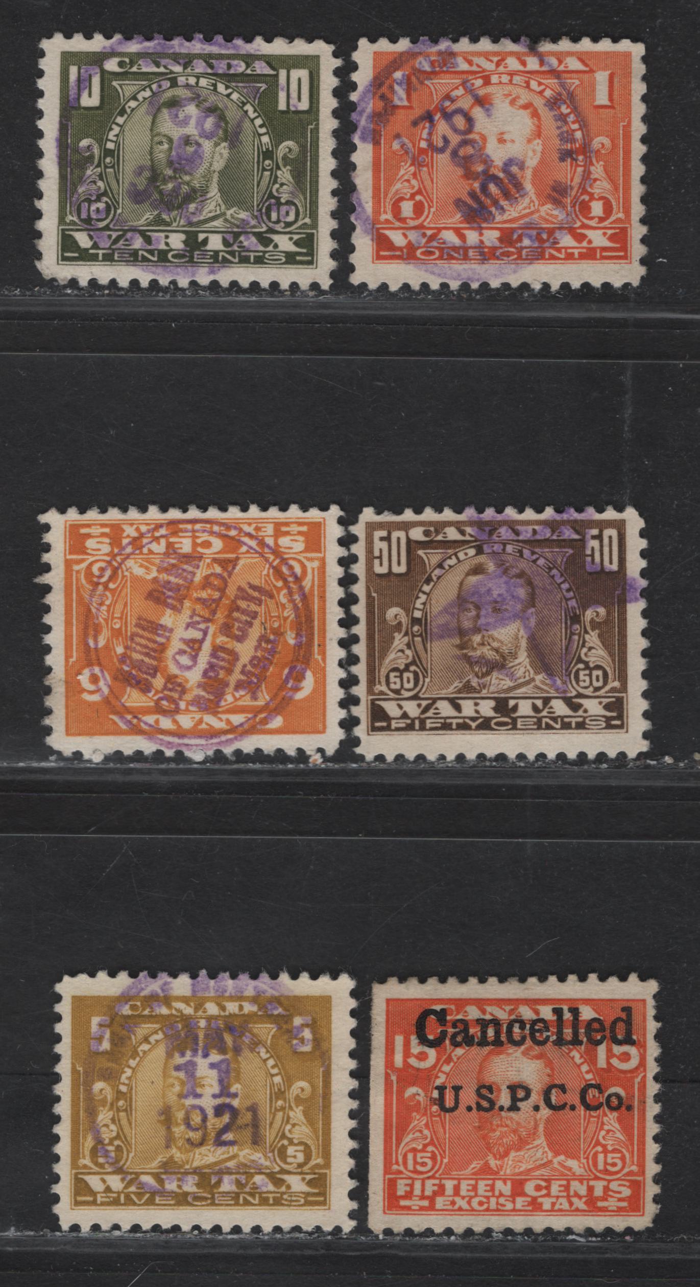 Lot 78 Canada Van Dam#FWT11, FWT7, FWT13, FWT16, FX3, FX6 1c - 50c Orange - Brown King George V, 1915-1923 KGV War Tax & Excise Tax Issues, 6 Fine/Very Fine Used Singles, All With Fancy 50c Cancels & Tobacco Overprint Cancels