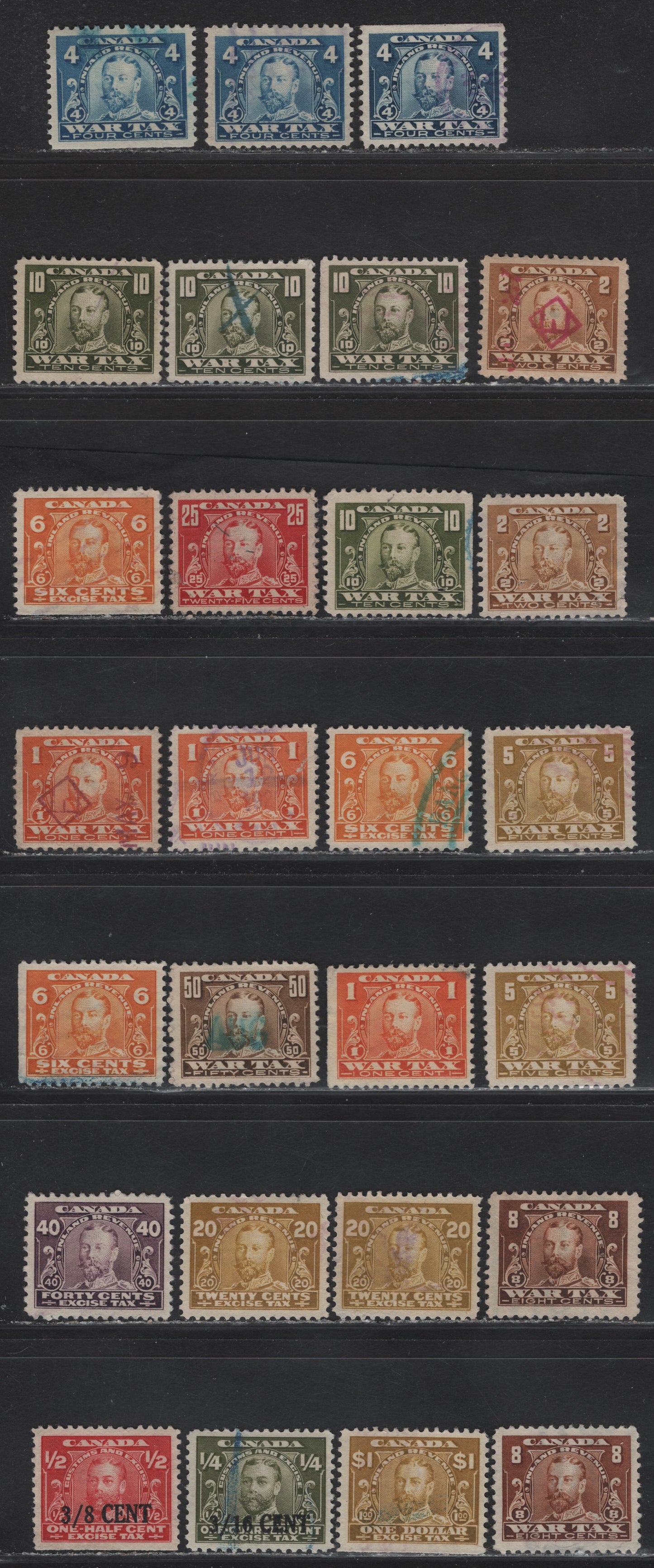 Lot 79 Canada Van Dam#FWT7-8, FWT10-13, FWT15, FX3, FX7, FX9, FX14, FX21, FX23 1c - 3/8c on 1/2c Orange - Carmine King George V, 1915-1923 KGV War Tax & Excise Tax Issues, 27 Fine/Very Fine Used Singles, Includes Many Shade Variations