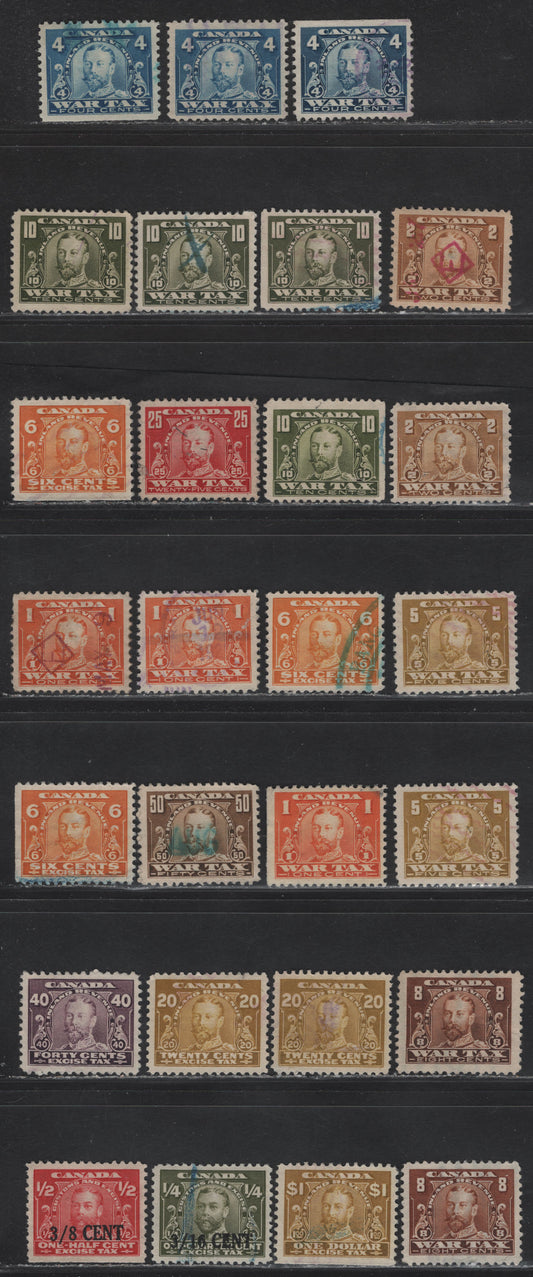 Lot 79 Canada Van Dam#FWT7-8, FWT10-13, FWT15, FX3, FX7, FX9, FX14, FX21, FX23 1c - 3/8c on 1/2c Orange - Carmine King George V, 1915-1923 KGV War Tax & Excise Tax Issues, 27 Fine/Very Fine Used Singles, Includes Many Shade Variations