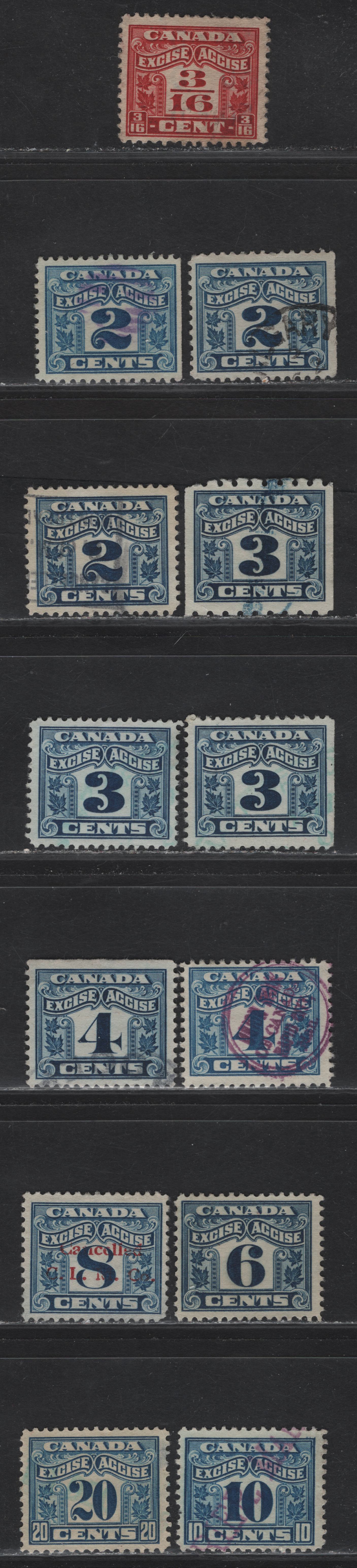 Lot 80 Canada Van Dam#FX35-36, FX38-43, FX47 3/16c - 20c Carmine - Blue & Light Blue Two Leaf, 1915-1928 Two Leaf Excise Tax Issue, 13 Fine/Very Fine Used Singles, Wet & Dry Printings, Additional Shades