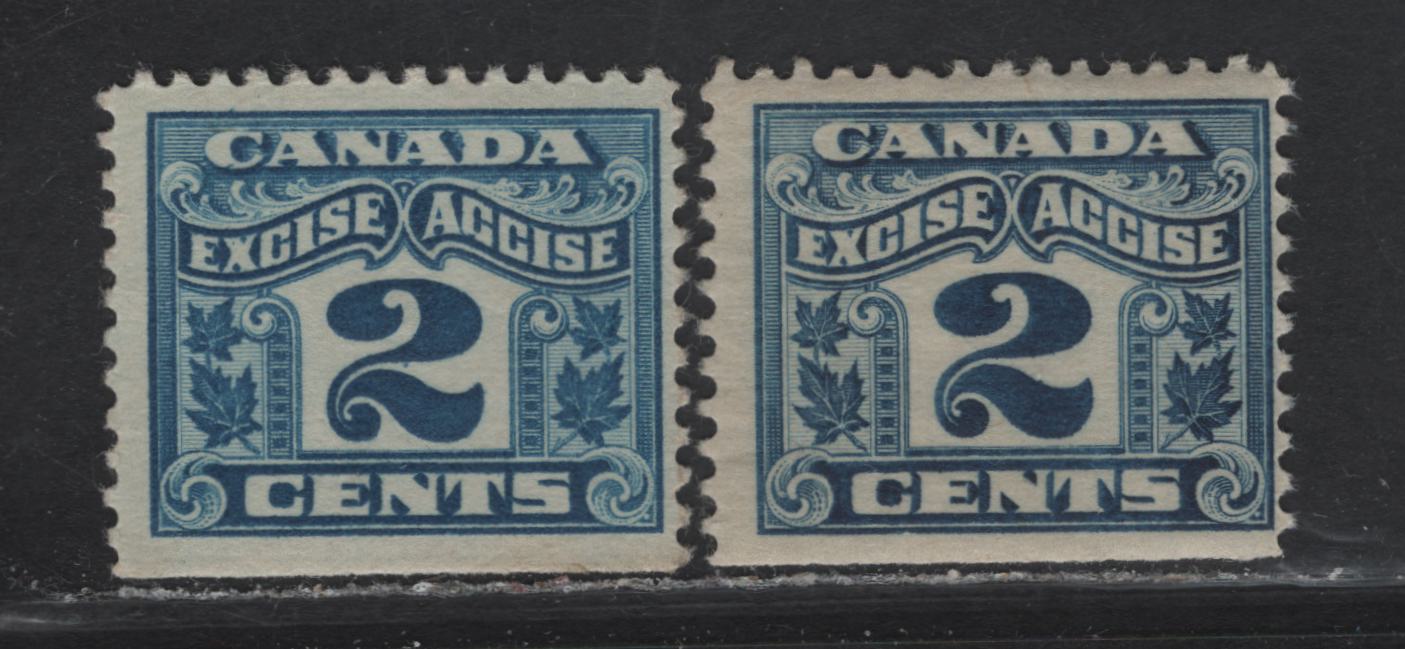 Lot 81 Canada Van Dam#FX36 2c Light Blue -Dark Blue Two Leaf, 1915-1928 Two Leaf Excise Tax Issue, 2 FNH Singles, Wet (Light Blue) & Dry (Dark Blue) Printings