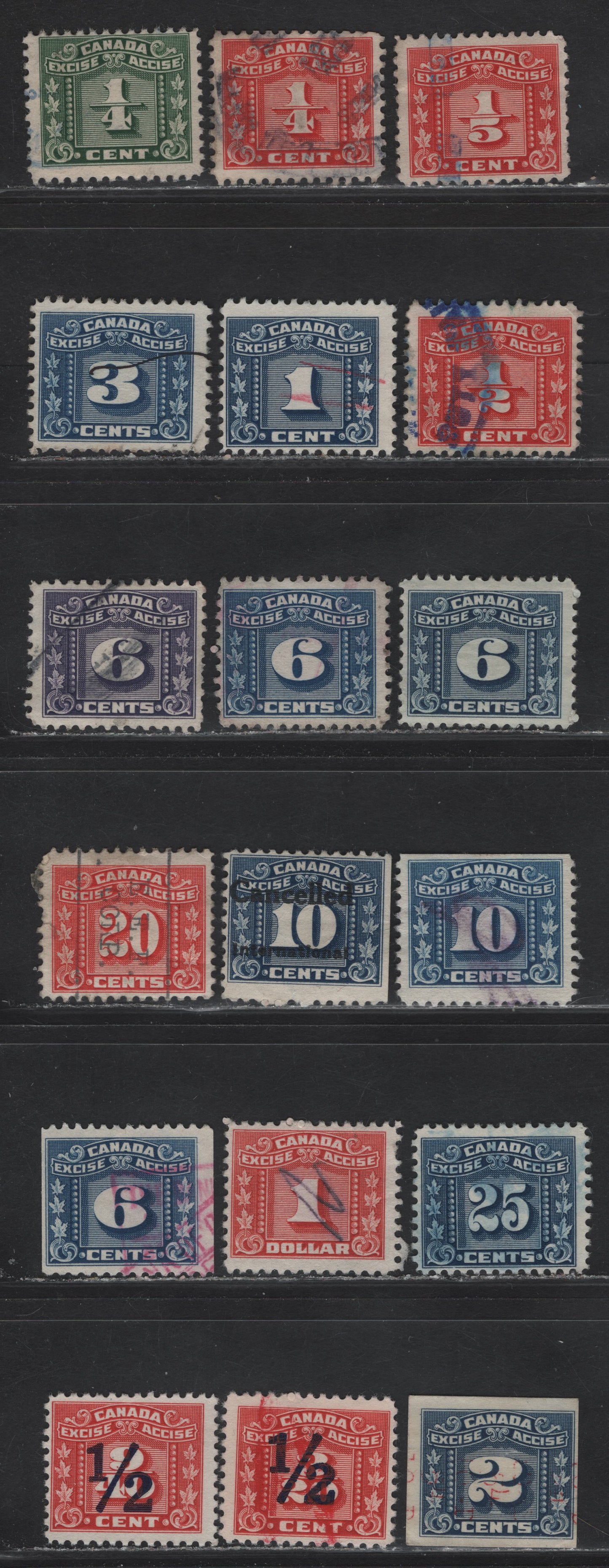 Lot 83 Canada Van Dam#FX54/FX110 1/5c - 1/2c on 9/40c Red Three Leaf, 1934-1948 Three Leaf Excise Tax & Surcharge Issues, Fine Used Singles