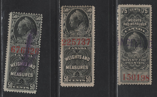 Lot 84 Canada Van Dam#FWM40, FWM39 50c - 75c Black Queen Victoria, 1897 Weights & Measures Issue, 3 Very Good/Fine/Very Fine Used Singles, Red Control Numbers, Two Shades of 50c, One With Small Tear