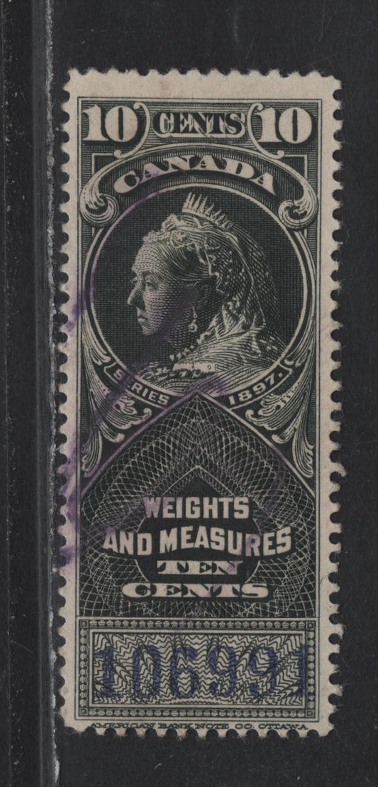 Lot 85 Canada Van Dam#FWM46 10c Black Queen Victoria, 1897 Weights & Measures Issue, A Fine Used Single, Blue Control Number