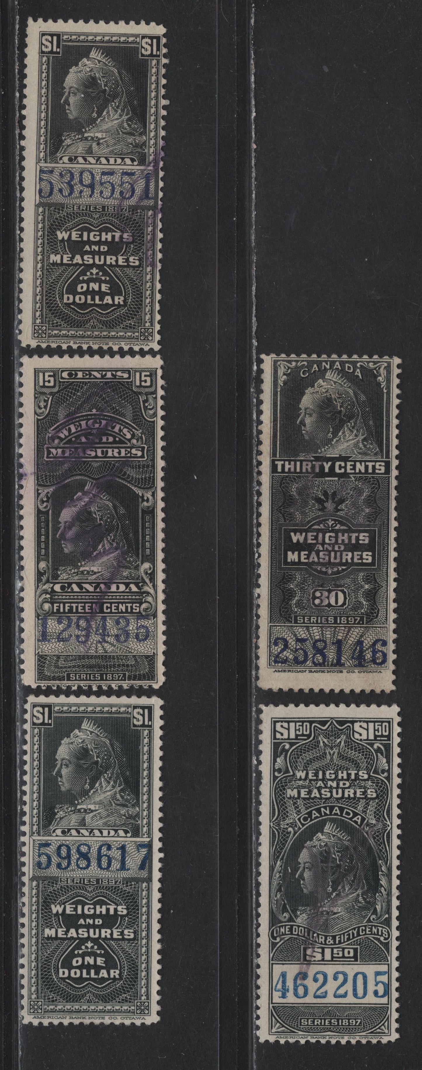 Lot 86 Canada Van Dam#FWM47a, FWM48, FWM51-52 15c - $1.50 Black Queen Victoria, 1897 Weights & Measures Issue, 5 Very Good/Fine Used Singles, Blue & Dark Purple Control Numbers, Includes 2 Different Control Numbers On The $1 (4mm & 4.5mm)
