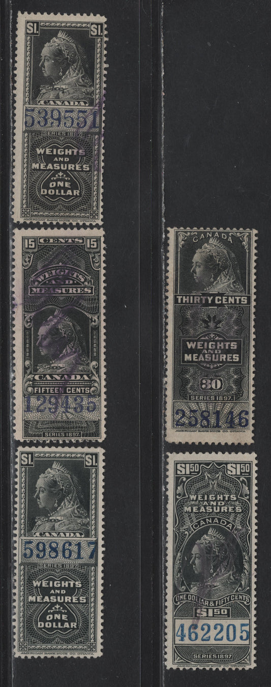 Lot 86 Canada Van Dam#FWM47a, FWM48, FWM51-52 15c - $1.50 Black Queen Victoria, 1897 Weights & Measures Issue, 5 Very Good/Fine Used Singles, Blue & Dark Purple Control Numbers, Includes 2 Different Control Numbers On The $1 (4mm & 4.5mm)