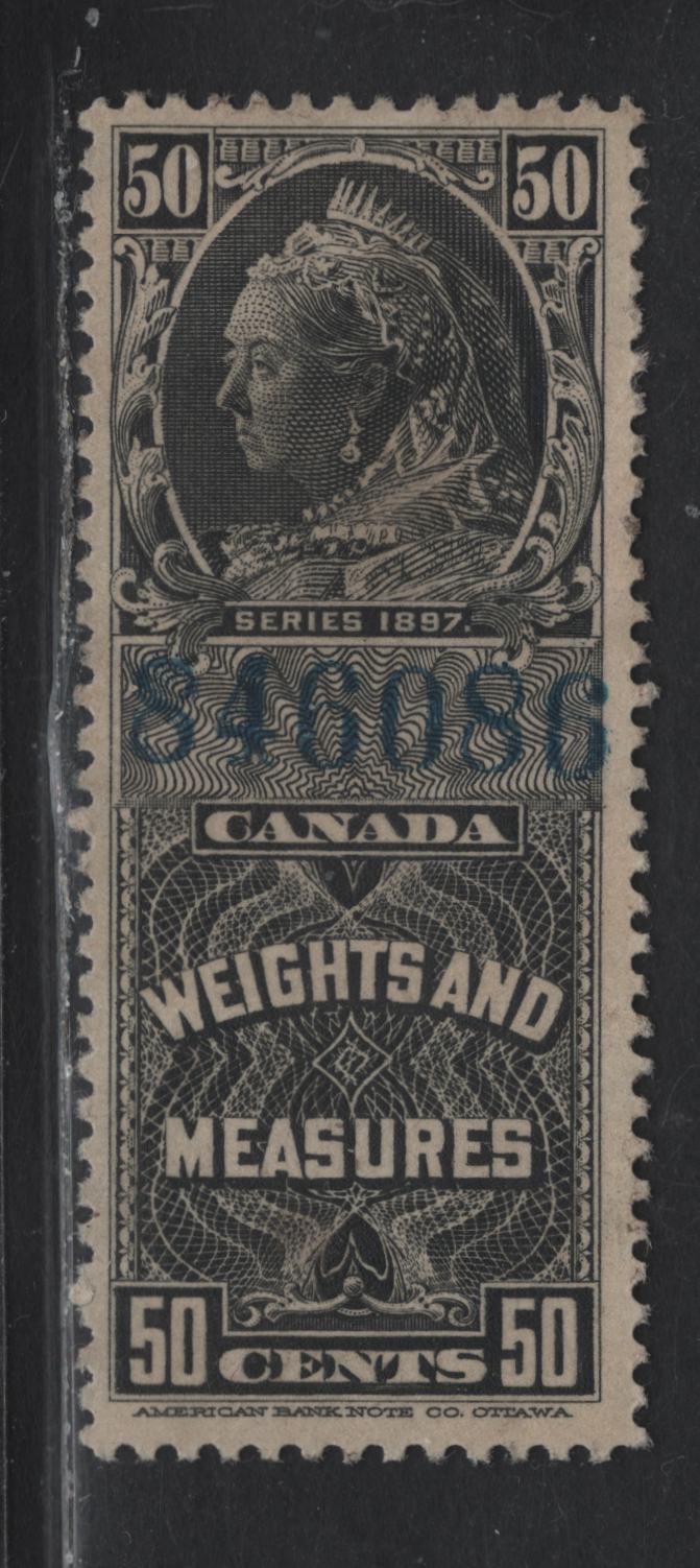 Lot 86A Canada Van Dam#FWM49 50c Black Queen Victoria, 1897 Weights & Measures Issue, A Very Fine Used Single, Blue Control Number