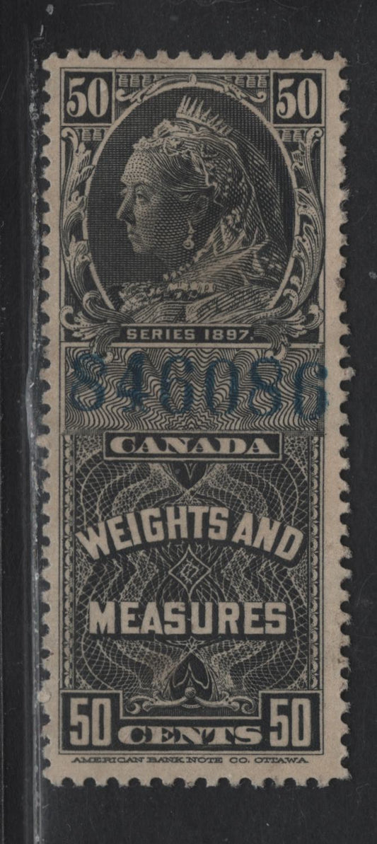 Lot 86A Canada Van Dam#FWM49 50c Black Queen Victoria, 1897 Weights & Measures Issue, A Very Fine Used Single, Blue Control Number