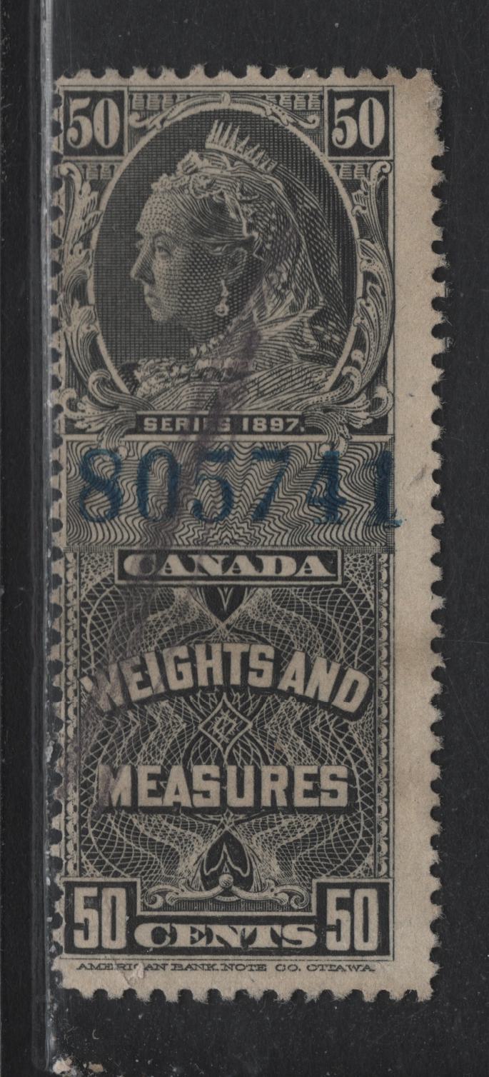 Lot 86B Canada Van Dam#FWM49 50c Black Queen Victoria, 1897 Weights & Measures Issue, A Very Good Used Single, Blue Control Number