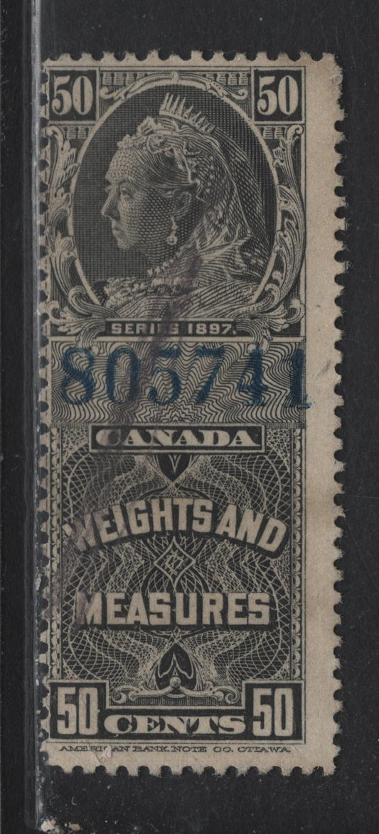 Lot 86B Canada Van Dam#FWM49 50c Black Queen Victoria, 1897 Weights & Measures Issue, A Very Good Used Single, Blue Control Number